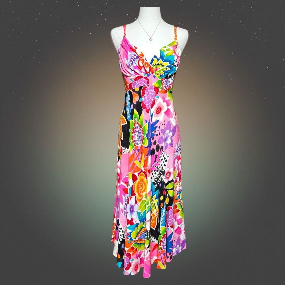 Jams World Womens S Dress Floral Hawaiian Vintage Rayon High Low Spaghetti Strap